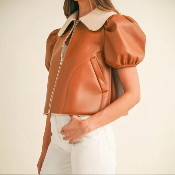 Shearling Lined Camel Puff Sleeve Cropped Leather Jacket with Peter Pan Collar - Picture 9 of 10